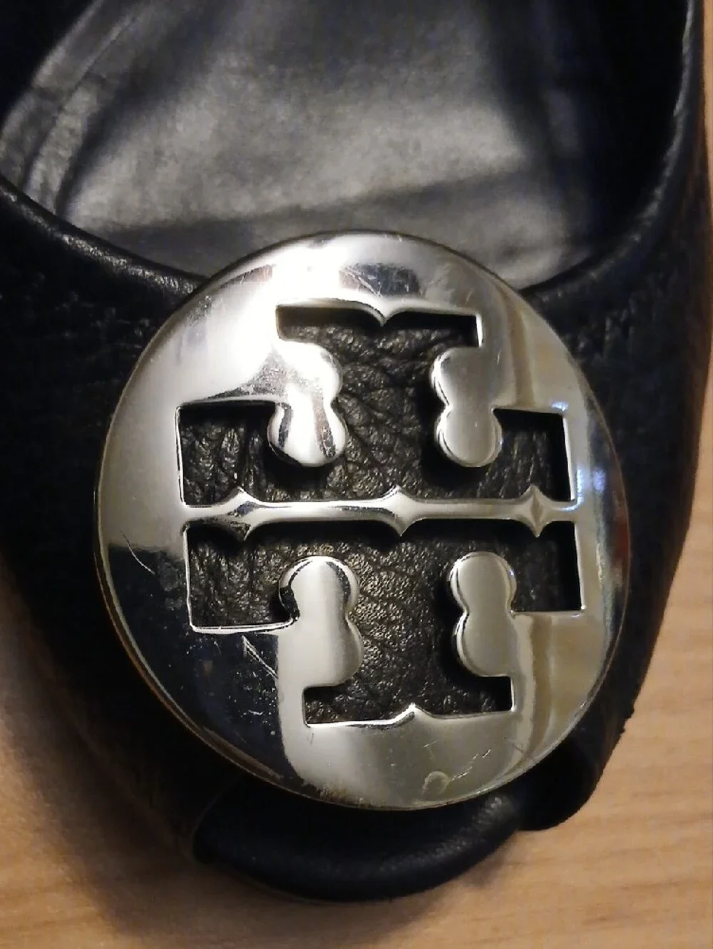 Tory Burch Black Pebble Leather Peep-Toe Wedges with Silver  Medallion Size 8M
